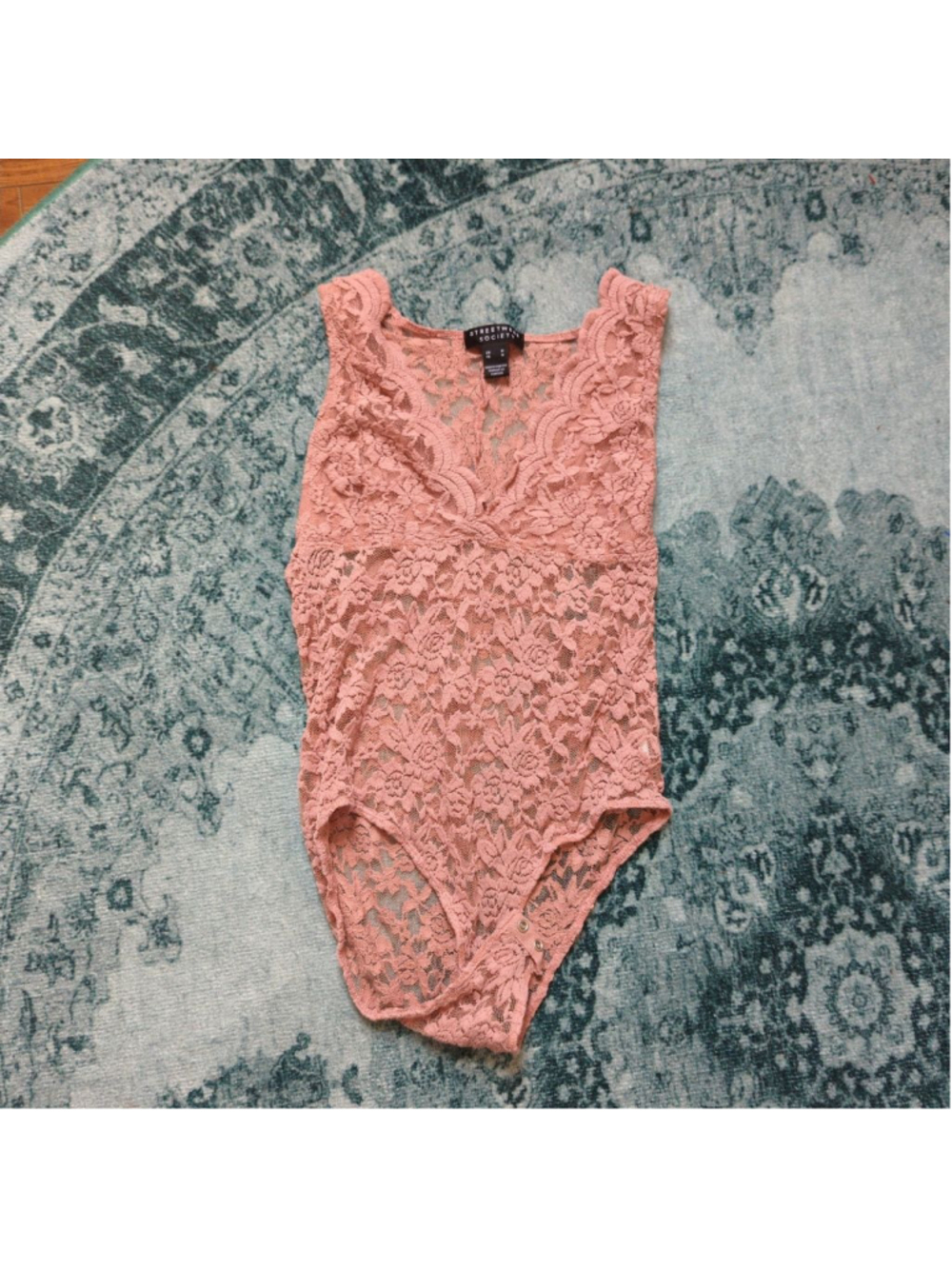 Streetwear Society Pink Floral Lace Bodysuit Sheer V Neck Sz M Coquette Feminine - Picture 8 of 12